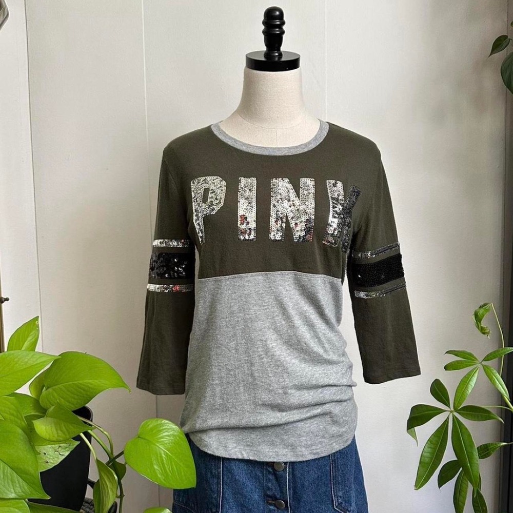 Victoria's Secret PINK Sequin Logo Colorblock Top Olive Gray XS